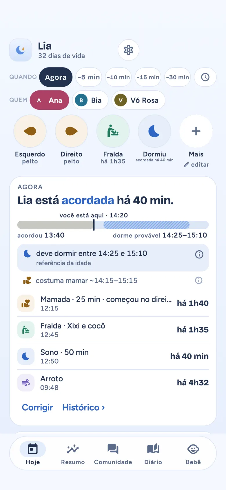 A tela Hoje do Nanoh, em tamanho real: botões de Esquerdo, Direito, Fralda e Dormiu; 'Lia está acordada há 40 min' e a previsão 'deve dormir entre 14:25 e 15:10'.