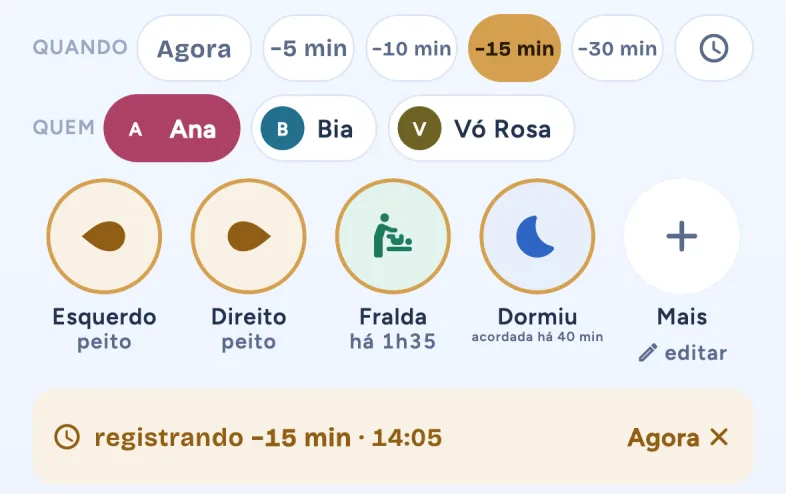 A barra 'Quando foi?' com −15 min escolhido: 'registrando −15 min · 14:05'.